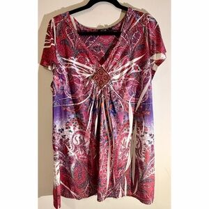 APT 9 Womens 2X Paisley Blouse Plus Size Embellished Boho Top Pink Purple
